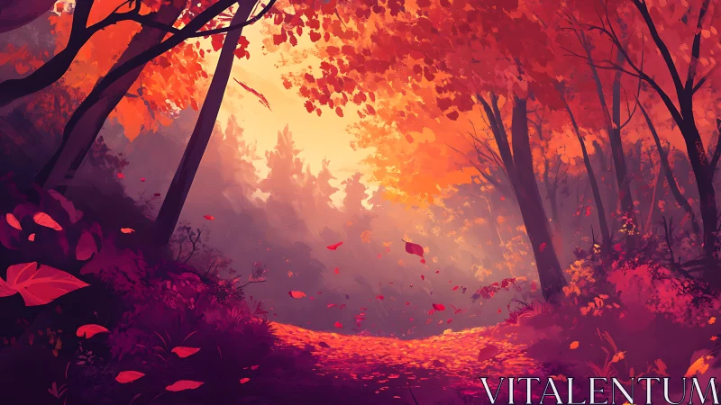 Autumn Forest Pathway. Golden Leaves Drift Through Fiery Woodland Scene.