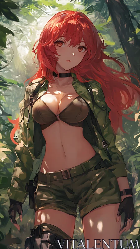 Red-haired anime soldier stands in dense forest environment
