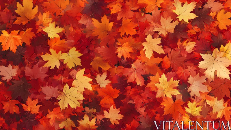 Autumn maple leaf carpet with layered red and gold hues.