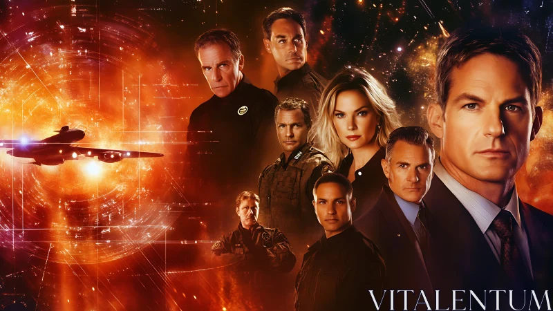 Ensemble officers confront blazing cosmic conflict backdrop.