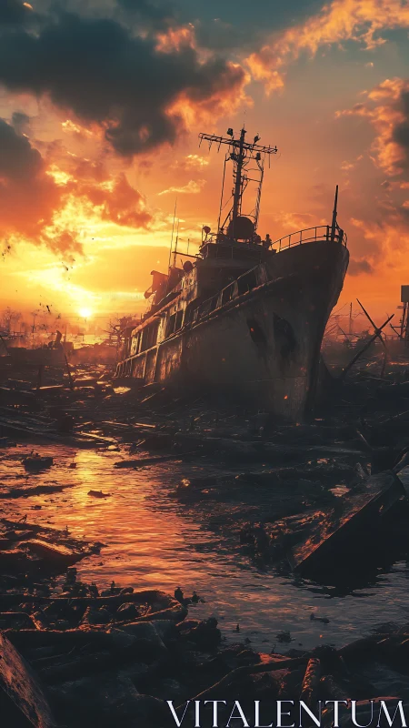 Decommissioned naval vessel grounded in debris at sunset.