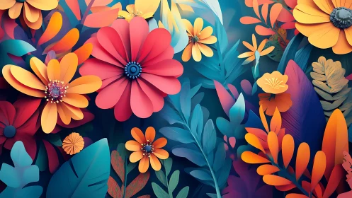 Layered Paper-Cut Floral Composition with Chromatic Depth