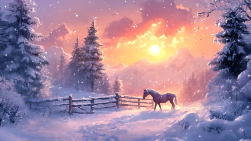 Snowlit horse at ember sunrise in a hush of winter magic.