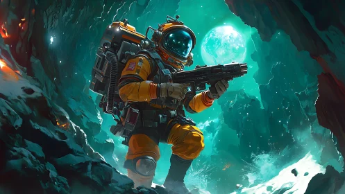 Armored astronaut holds rifle within illuminated ice cavern