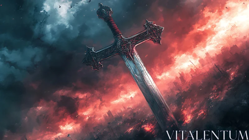 Towering mystical sword rising over a fiery ruined horizon.