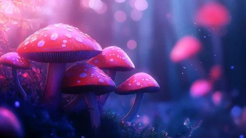 Bioluminescent mushrooms glow inside misty neon forest.