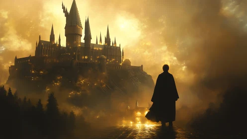Silhouetted figure observes illuminated castle in dense haze