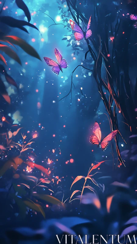 Digital forest scene depicts illuminated butterflies in flight