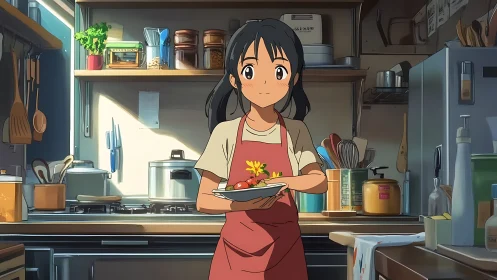 Girl in red apron carrying fresh salad in warm kitchen