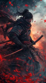 Lone armored samurai with katana amid red falling leaves.