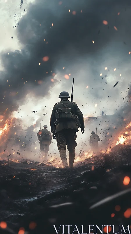 Soldiers advancing through burning battlefield under smoke clouds.