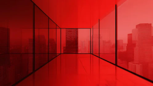 Monochromatic Red Interior Space with Metropolitan Skyline.
