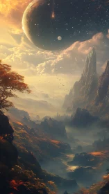 Fantasy digital painting of alien valley under colossal planet.