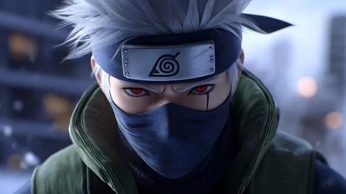 Hyperreal masked ninja portrait with red eyes and headband insignia