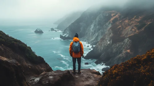 Coastal cliff wanderer in foggy cinematic landscape framing.