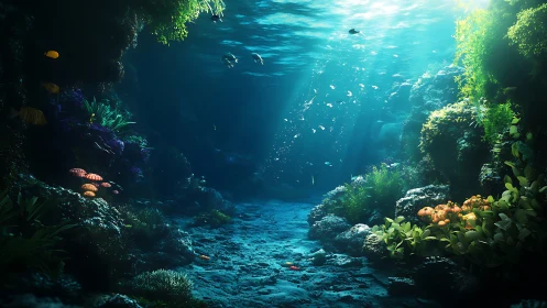 Radiant pelagic grotto with volumetric caustic light dynamics.