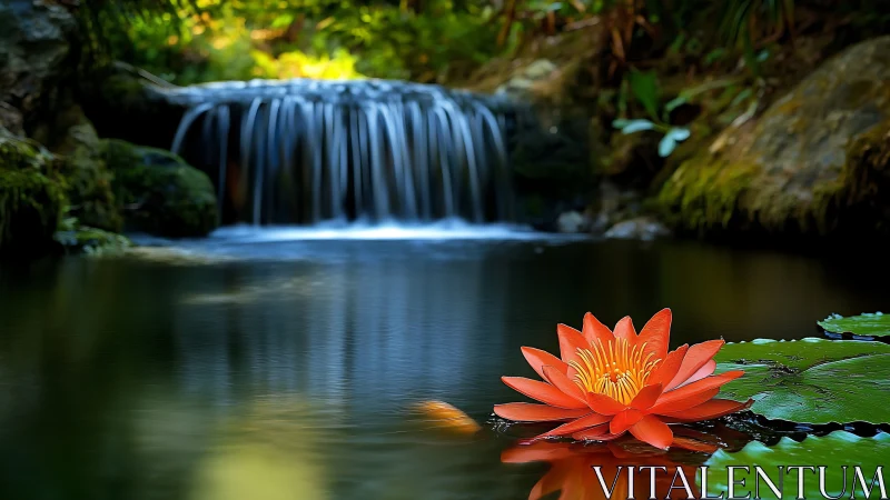 Red water lily floats before blurred forest waterfall scene