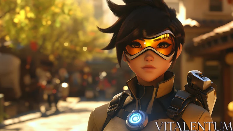 Futuristic female hero with visor in sunlit street scene.