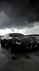 Black BMW concept coupe under dark storm clouds.
