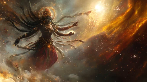 Mythic multi-armed figure amid luminous cosmic cloudscape.