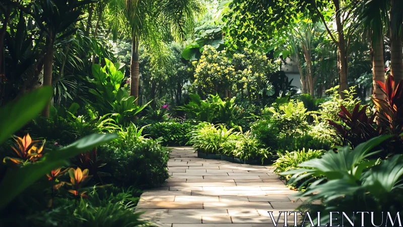Sunlit garden pathway winding through lush green calm.