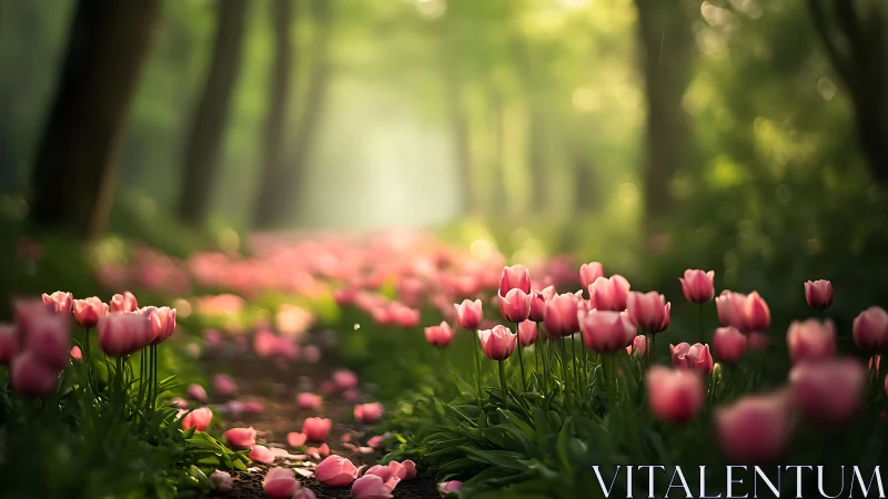 Pink tulips in botanical garden setting with diffused natural light.
