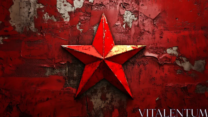 Red five-pointed star on distressed textured red wall.