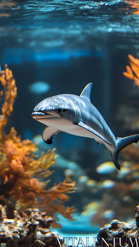 Dolphin swims in clear aquarium tank among coral formations