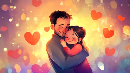 Luminescent Dual-Figure Embrace with Chromatic Heart Motif Array.