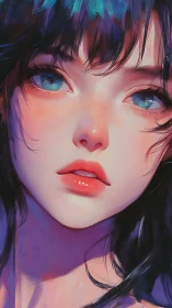 Luminous close-up portrait of girl with cyan reflective eyes.