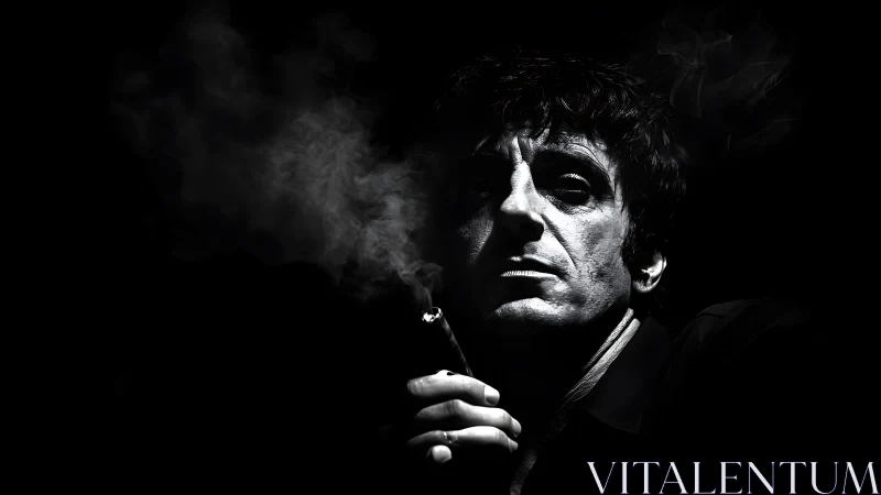 Smoky noir portrait captures intense, shadowed expression.