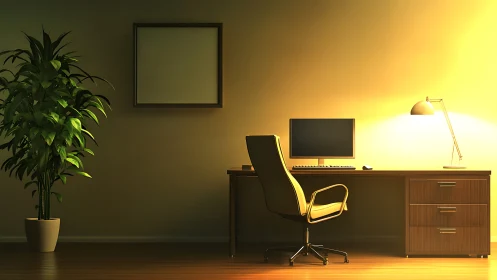 Minimalist home office glows in warm golden desk light.
