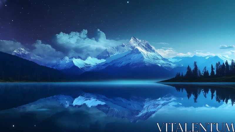 Moonlit alpine lake reflects snow peaks and starry sky