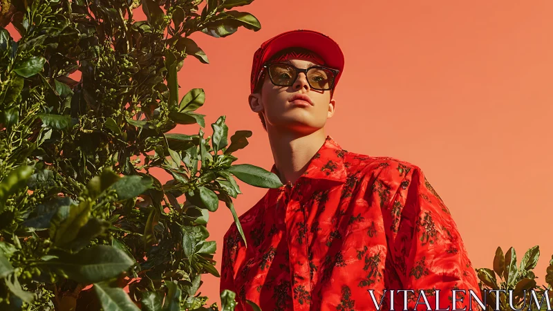 High-fashion portrait contrasts red streetwear against foliage