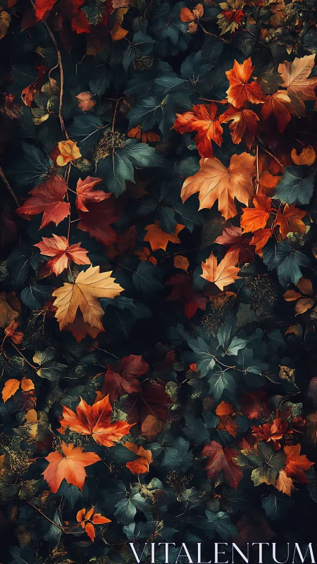 Autumn foliage pattern with glowing red and gold leaves.