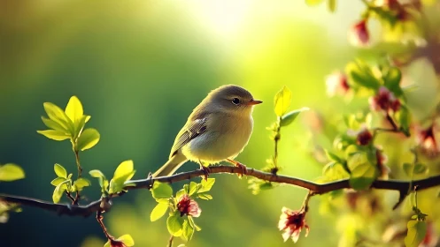 Small songbird on blossoming branch in soft-focus spring setting.