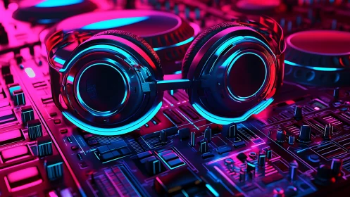 Neon-accent DJ headset on immersive digital audio mixer system.