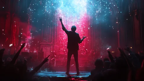 Silhouetted performer stands before dense red and blue light field