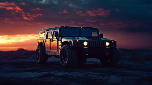Off-road truck stands bold against fiery sunset sky.