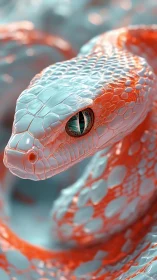 Coiled synthetic snake model with teal and orange scales.