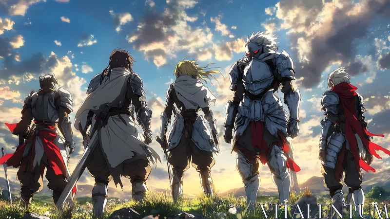 Armored anime warriors in sunset-lit meadow, rear formation