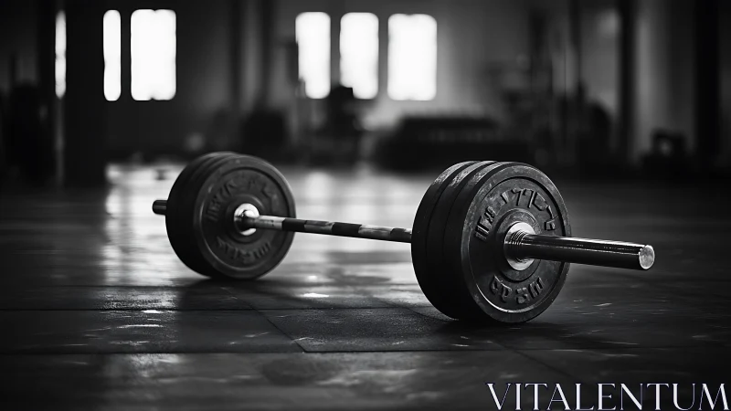 Loaded barbell rests on gym floor in controlled lighting