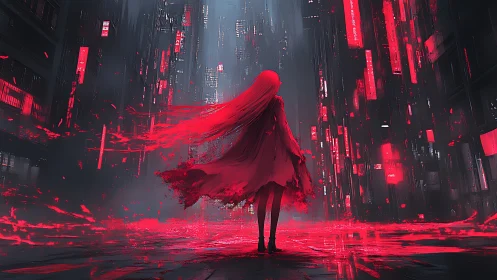 Crimson cloaked wanderer in neon drenched cyber cityscape.