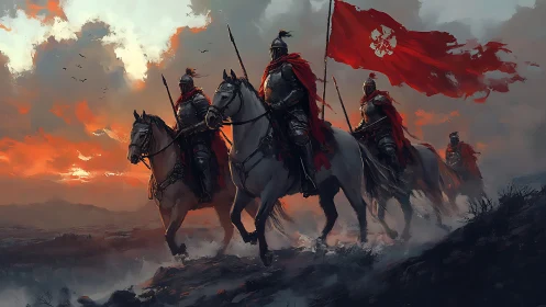 Armored cavalry advance through dusk mist under tattered red banner
