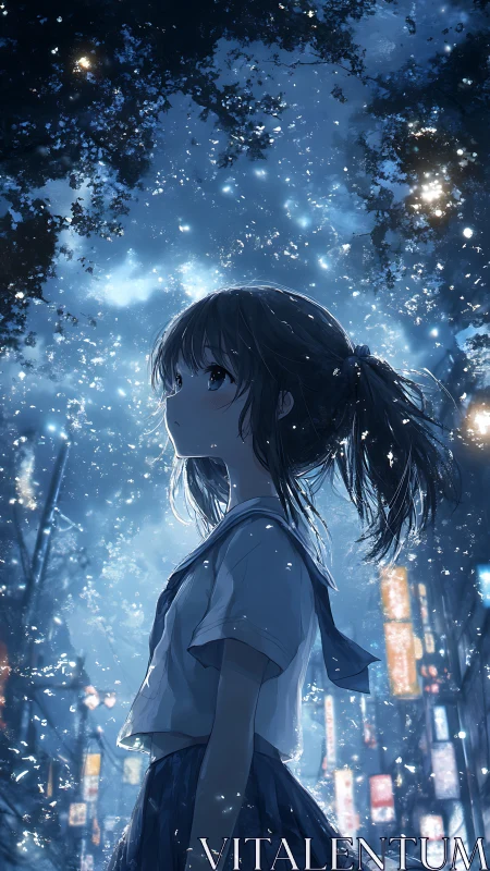 Anime schoolgirl under luminous night sky in city street.