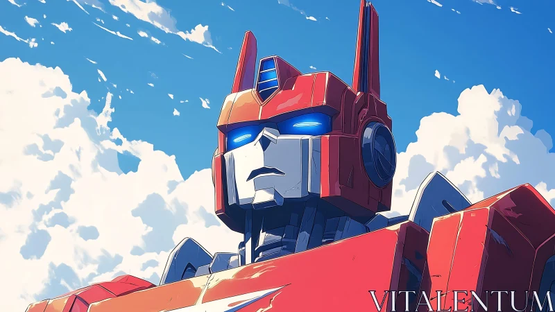 Red anime robot hero under bright blue summer sky.