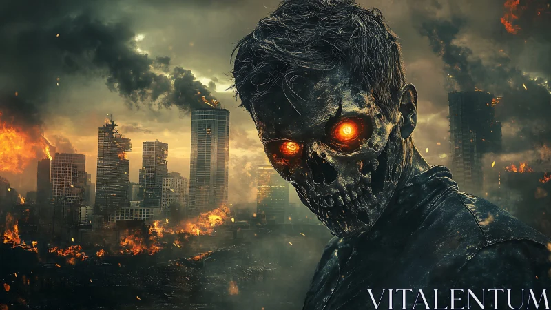 Cybernetic skull warrior dominates burning post-apocalyptic city