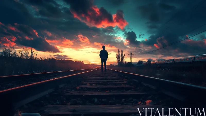 Silhouetted wanderer walks railway toward burning sunset