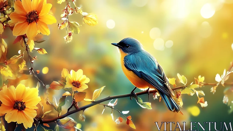 Blue and Orange Songbird on Flowering Branch, Soft Sunlight Art.