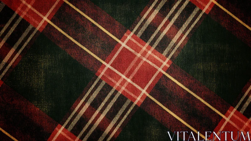 Warm red tartan fabric shows worn diagonal check pattern.
